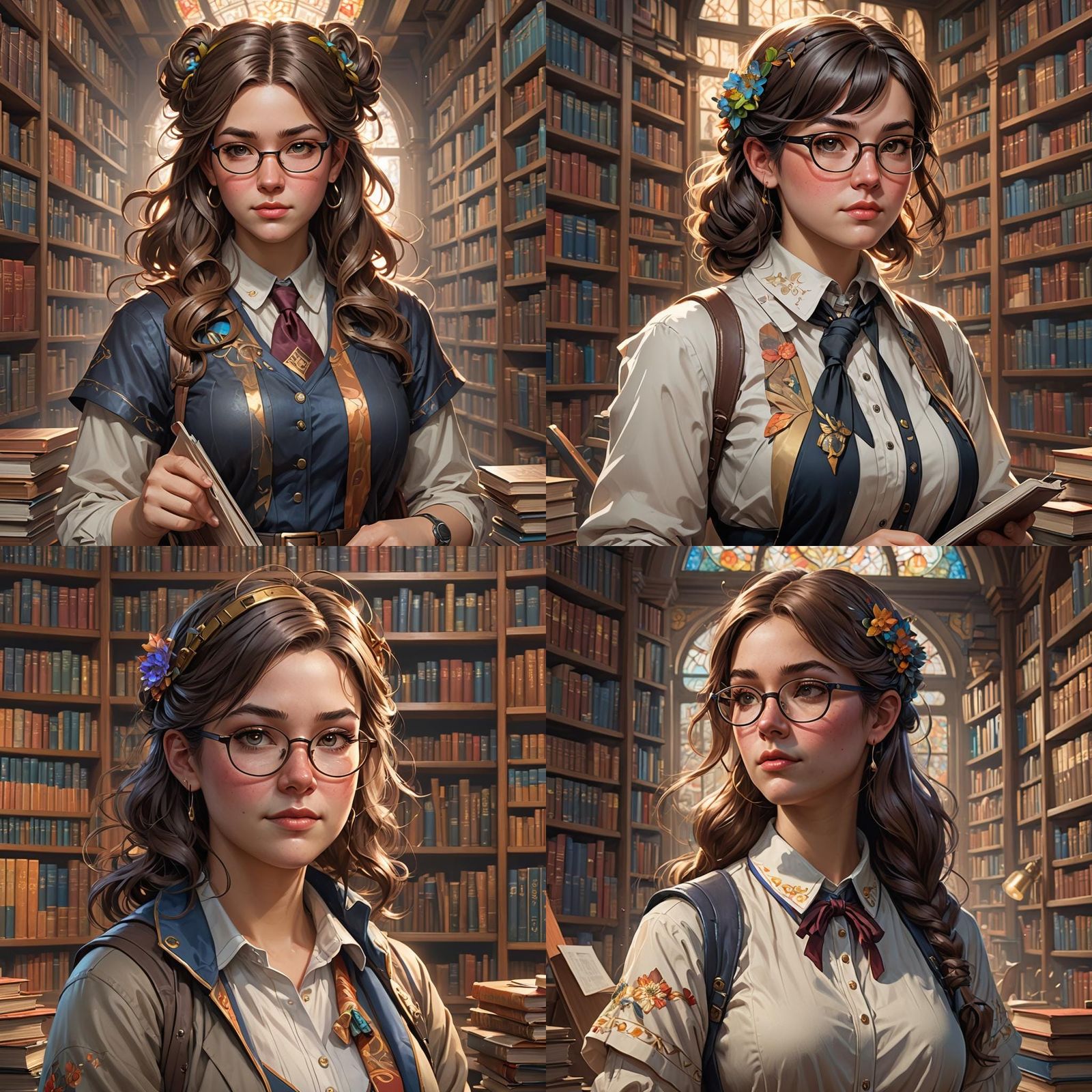 Detailed Portrait of Teenage Librarian in Art Nouveau Style