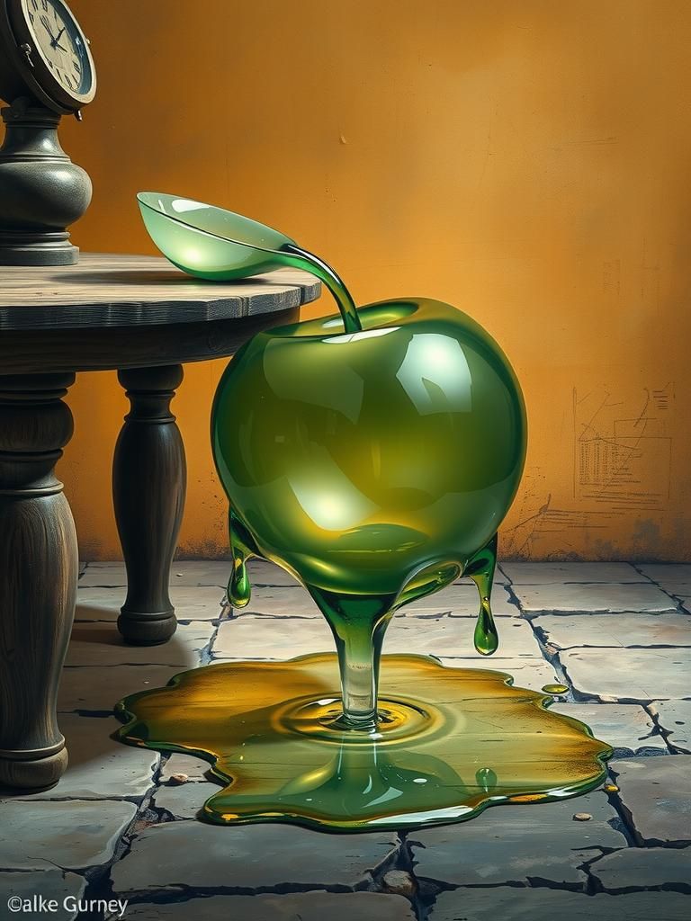Melting Glass Apple: Surreal Oil Painting