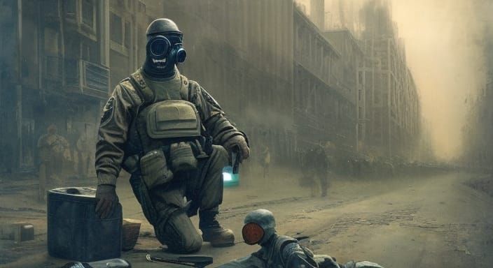 Soldier with Gas Mask in Oil Painting Style