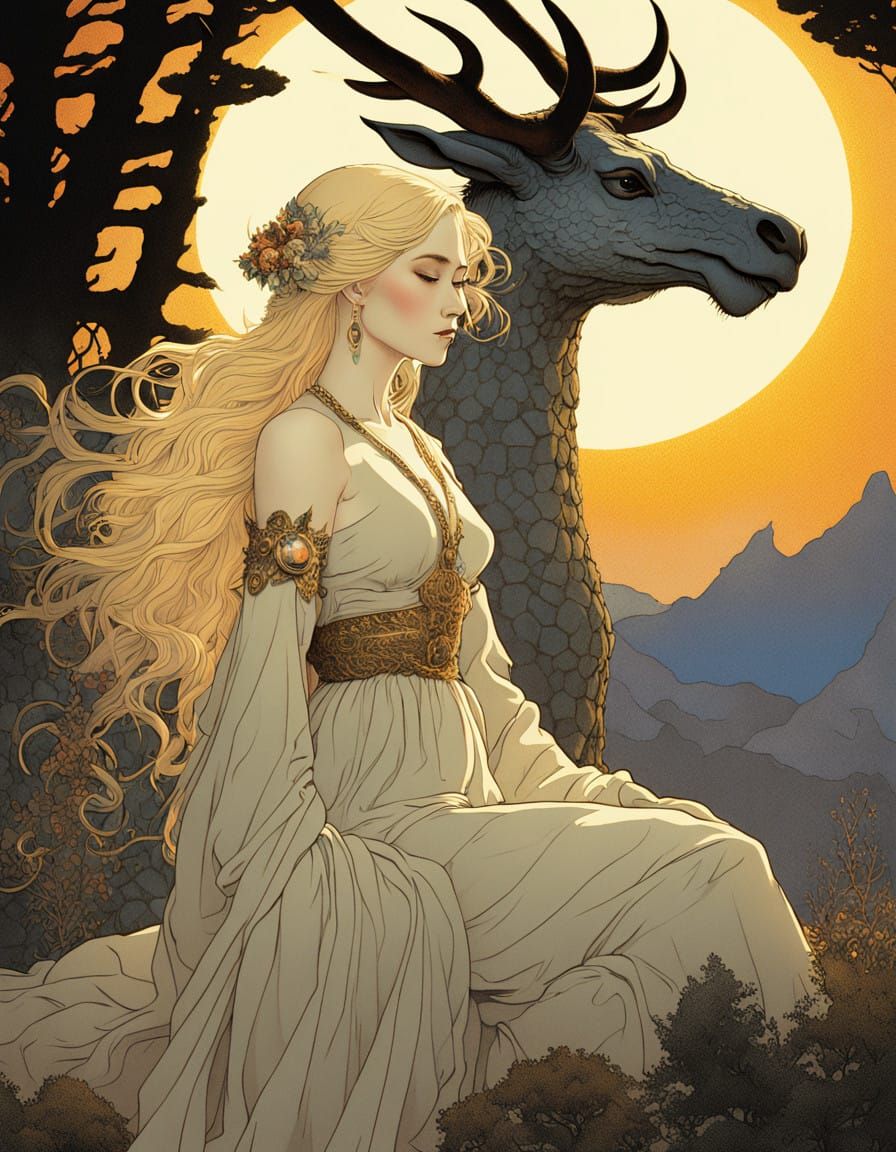 Mythical Sunset Encounter in Vibrant Tertiary Hues