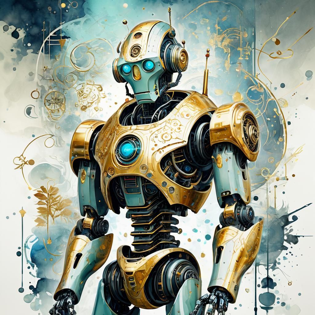 Futuristic Robot in Surrealist Fractal Watercolor Style