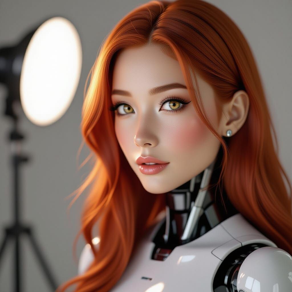 Stunning Portrait of a Red-Haired Android in Realistic Photo...