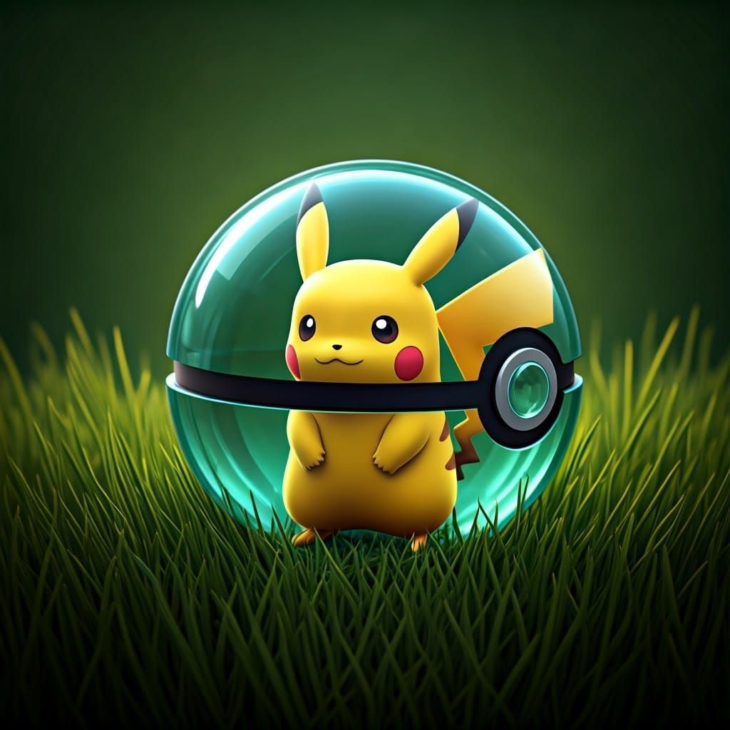 Pikachu in Crystal Pokeball on Green Grass