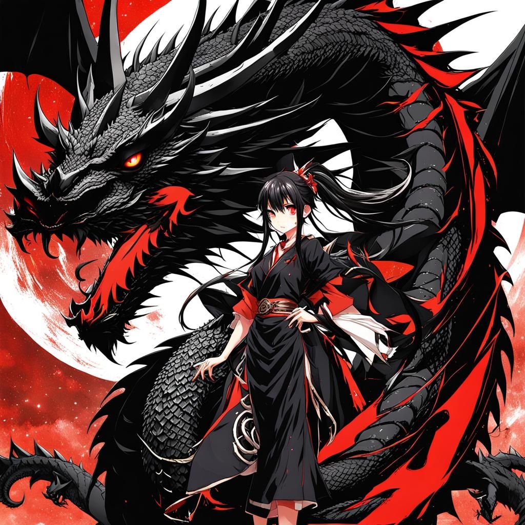 Anime Dragon Girl Under Red Moon, Manga Style