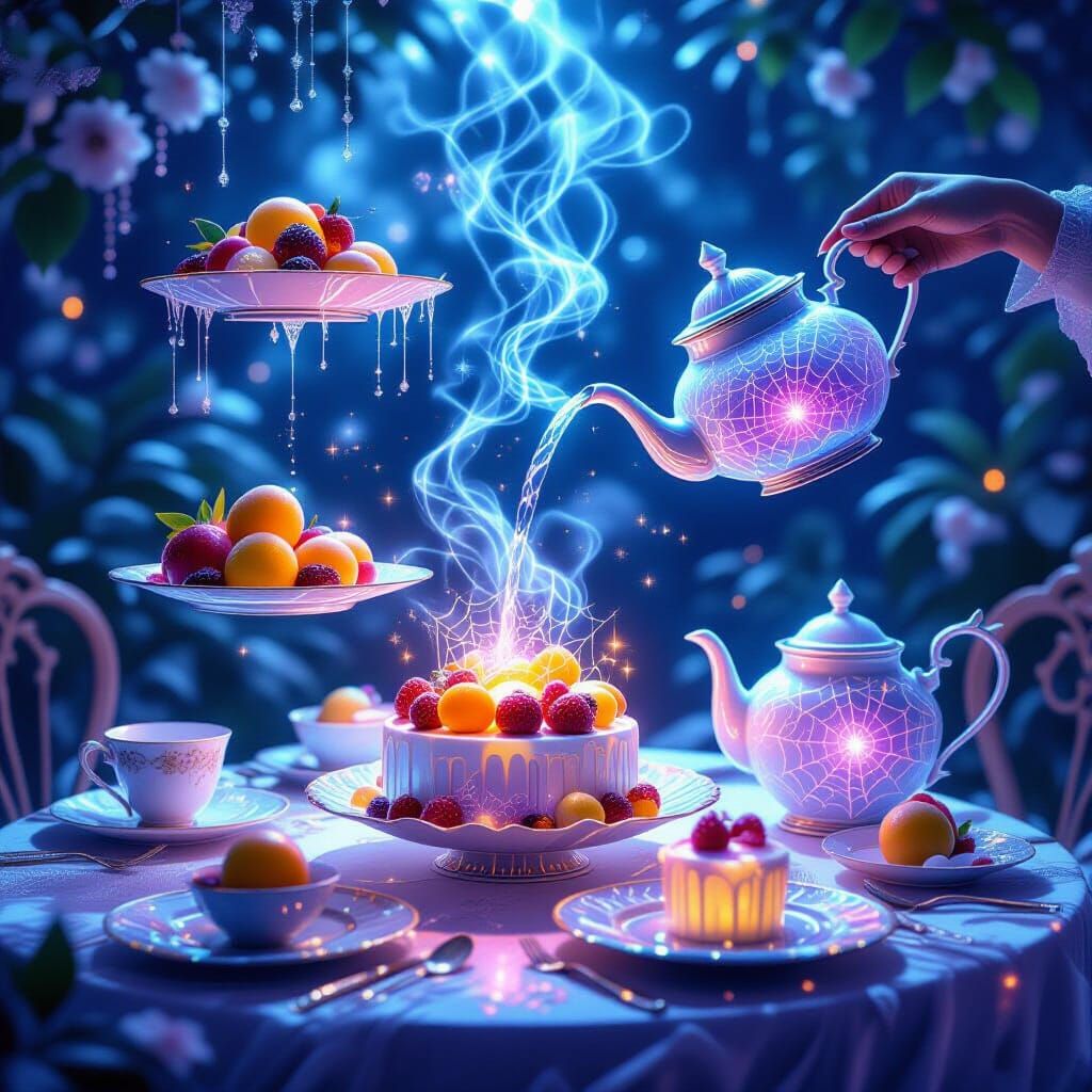 Ethereal Banquet With Levitating Dishes and Enchanted Teapot