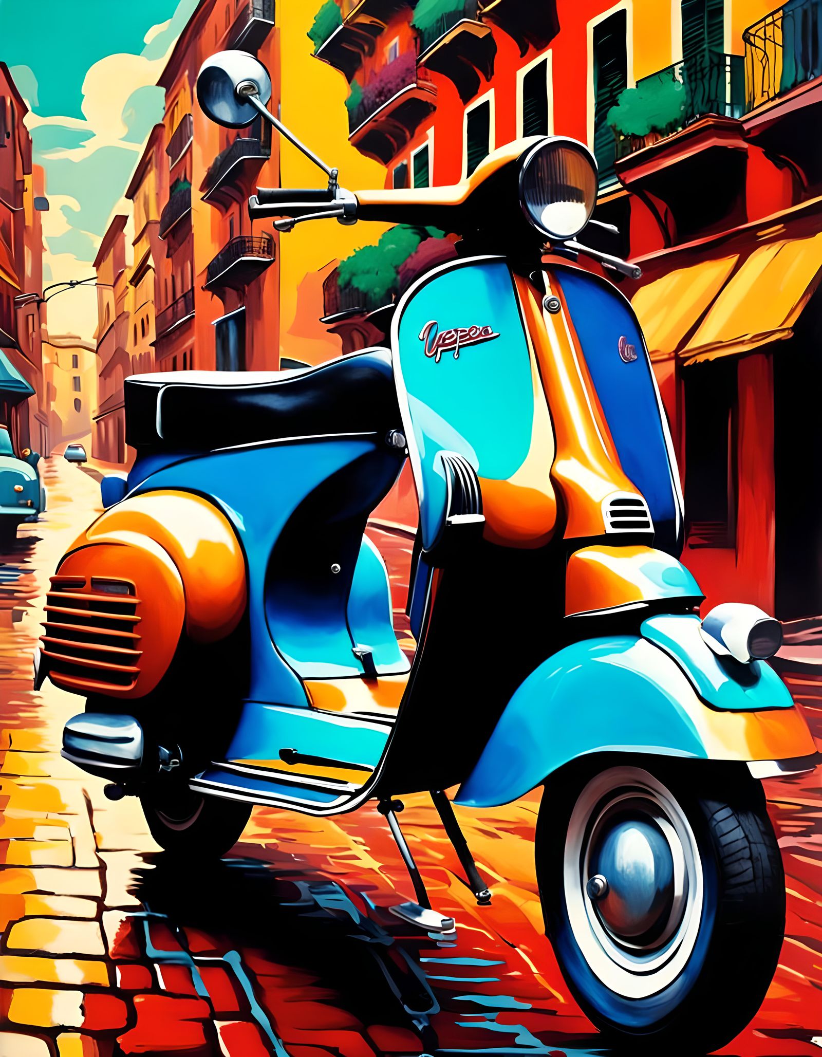 Vespa Scooter in Italian Cityscape, Tretchikoff Style