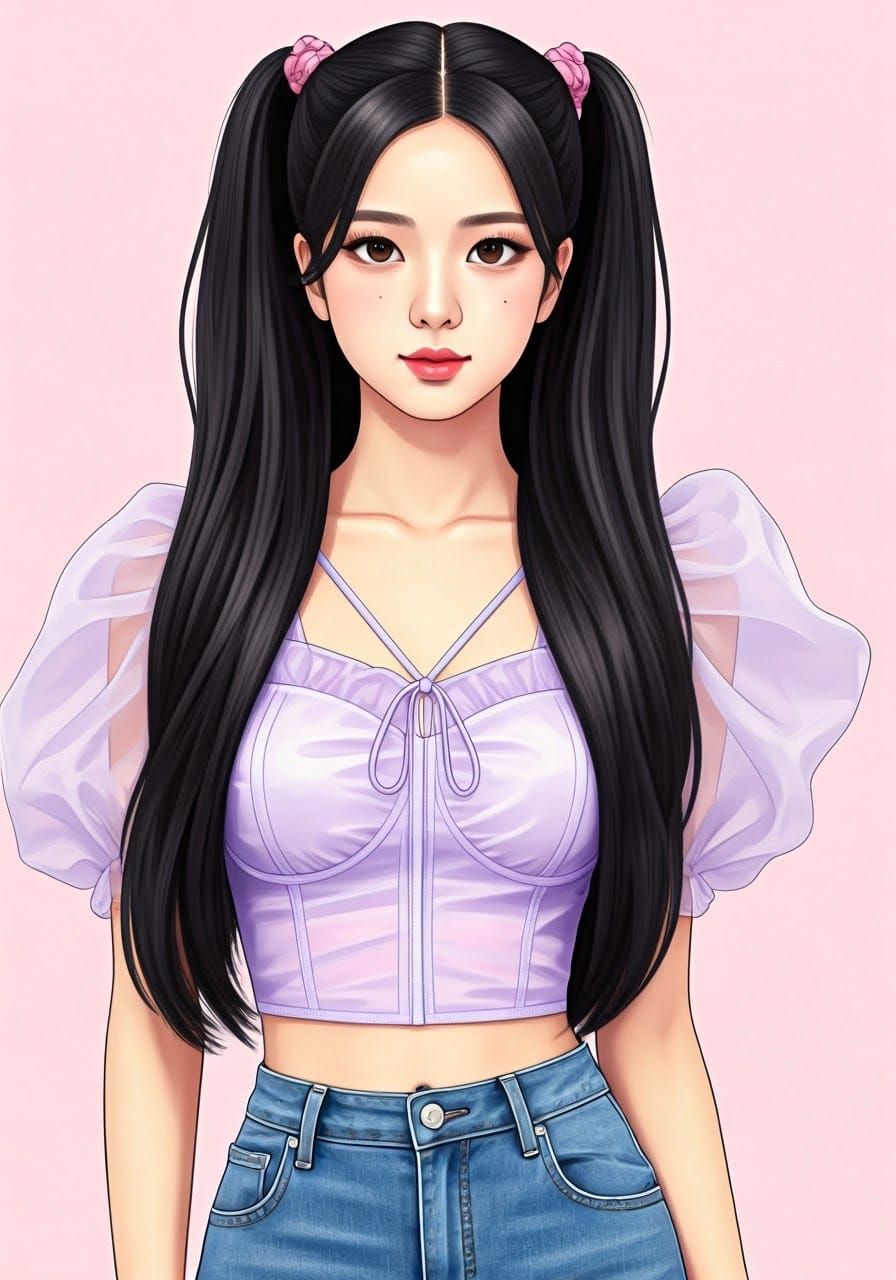 Korean Woman in Pastel Organza Top, Anime Style