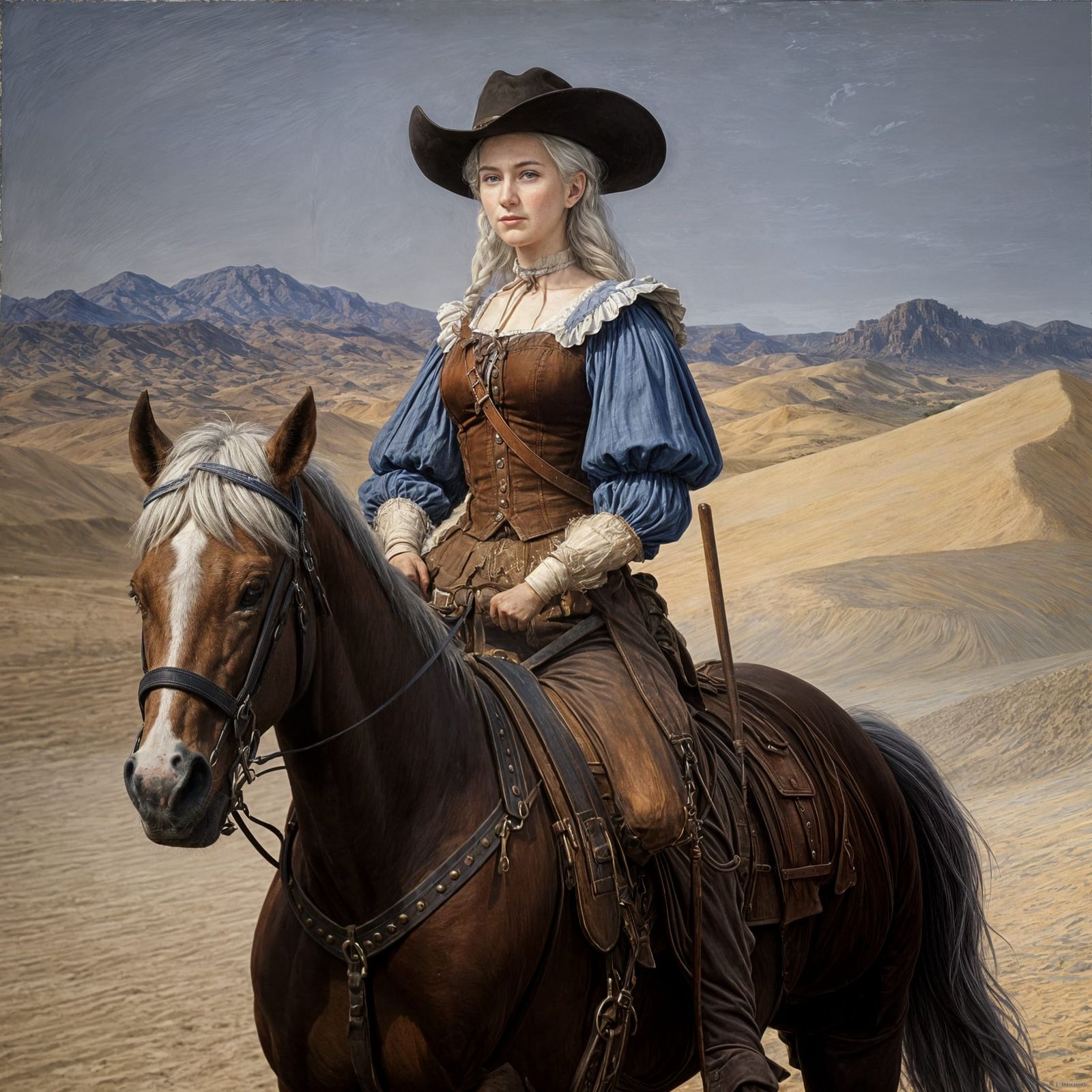 Elderly Western Woman Rides Horse Through Desert Twilight