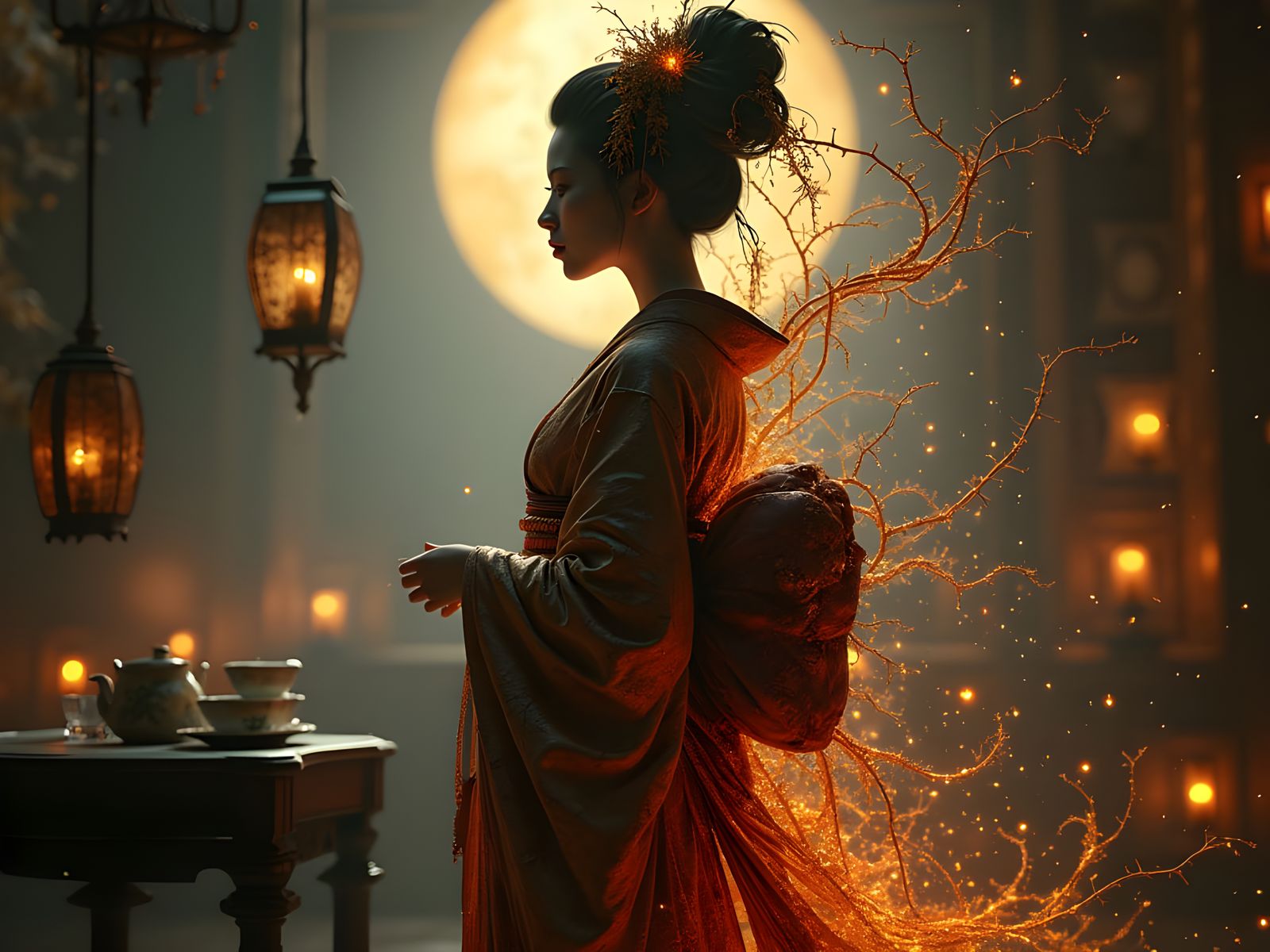 Android Geisha in Bioluminescent Tea Room