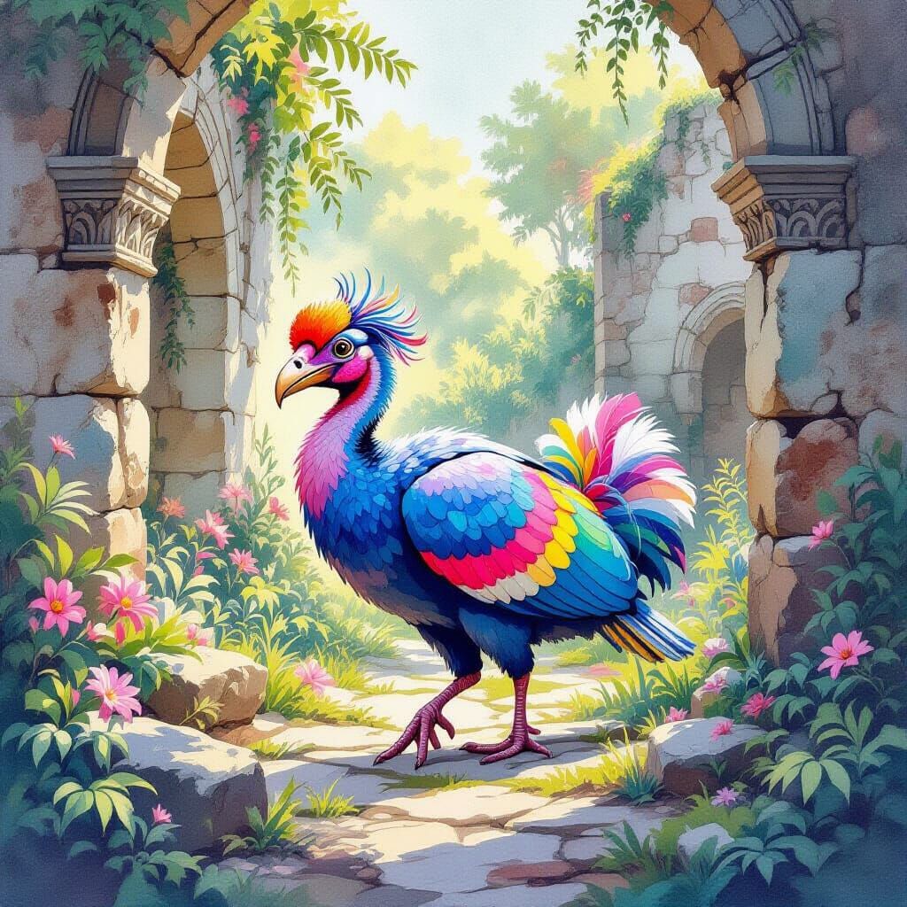 Colorful Dodo Bird in Overgrown Ruins Watercolor