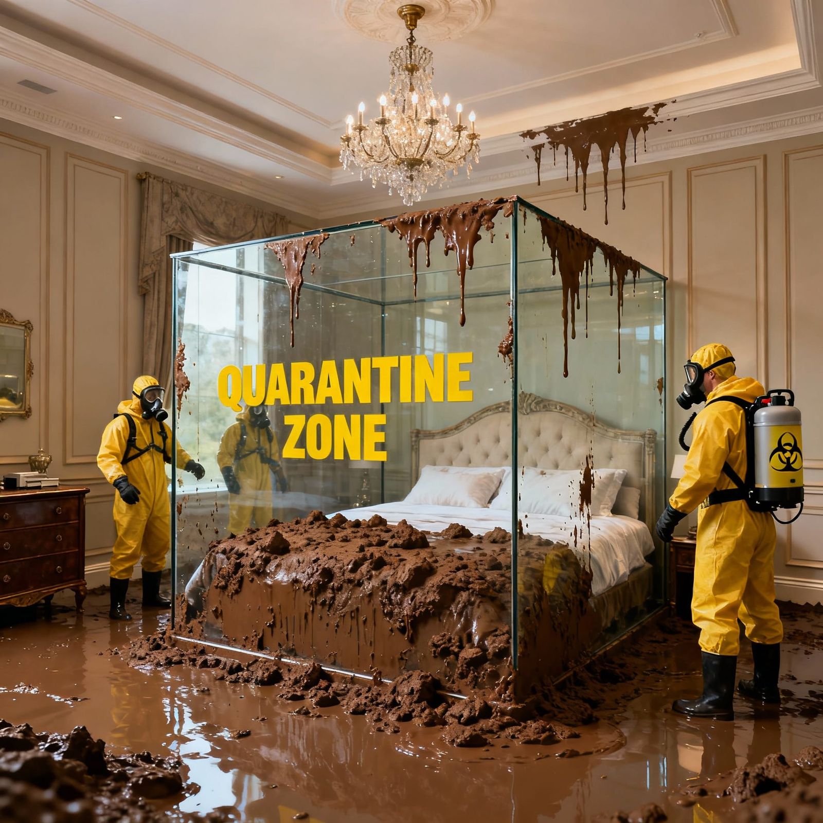 Luxury Bedroom In Quarantine Zone With Hazmat Suited Men