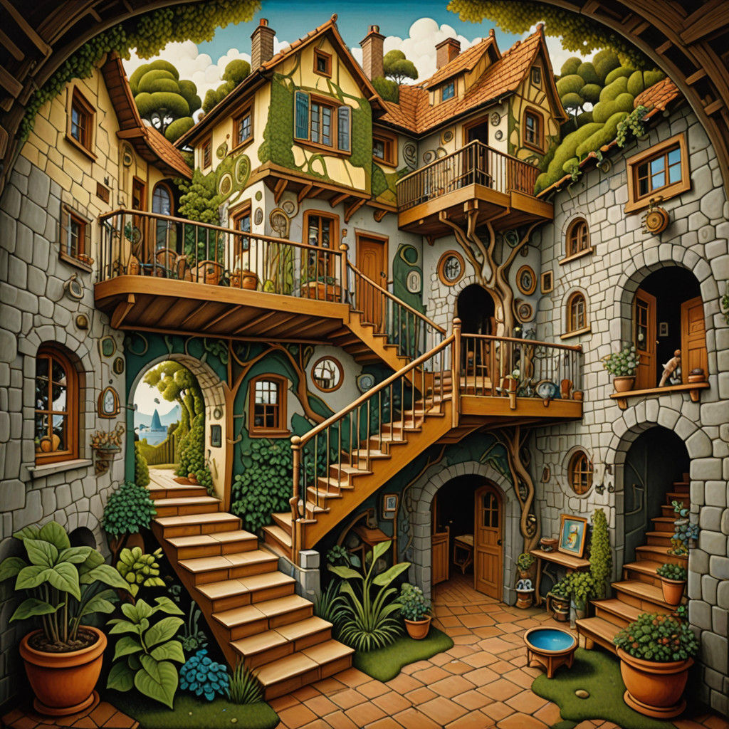 Surreal Cottage Scene with Optical Illusions in Mixed Media