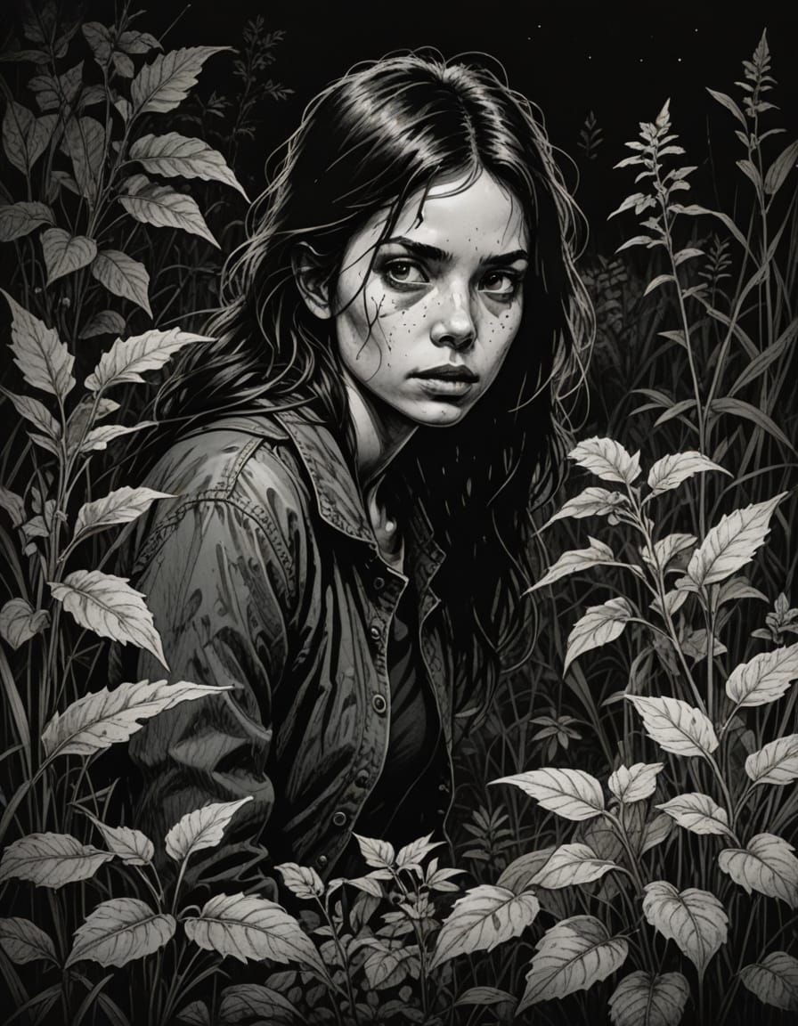 Distressed Woman Hiding in Overgrown Garden Sketch