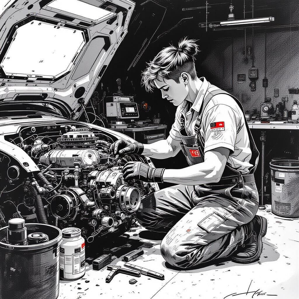 Futuristic Mechanic's Workshop: Pen and Ink Art