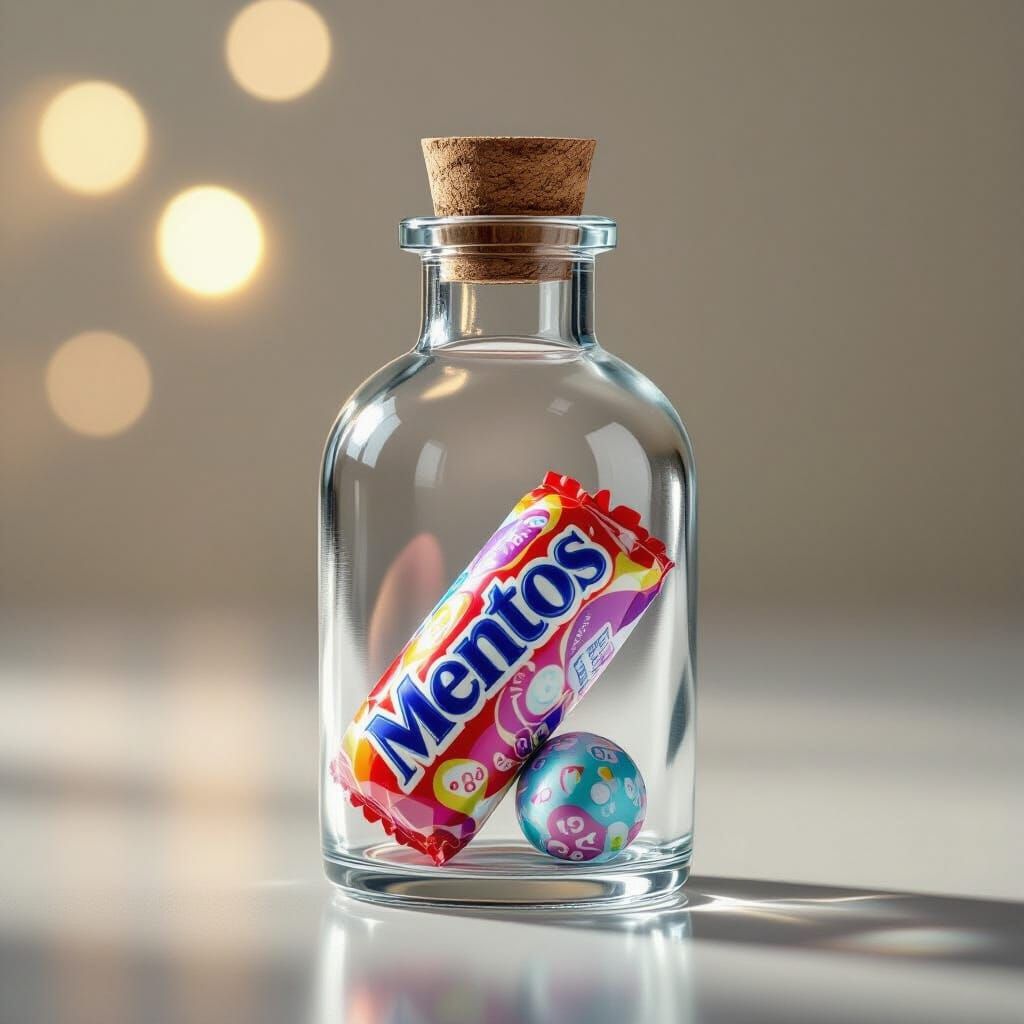 Photorealistic Mentos Candy in Glass Bottle Studio Shot