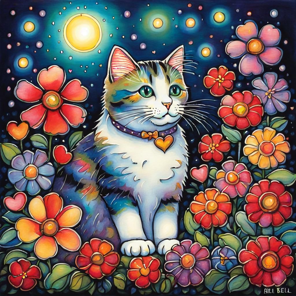 Cute Cat with Flowers and Heart Lights