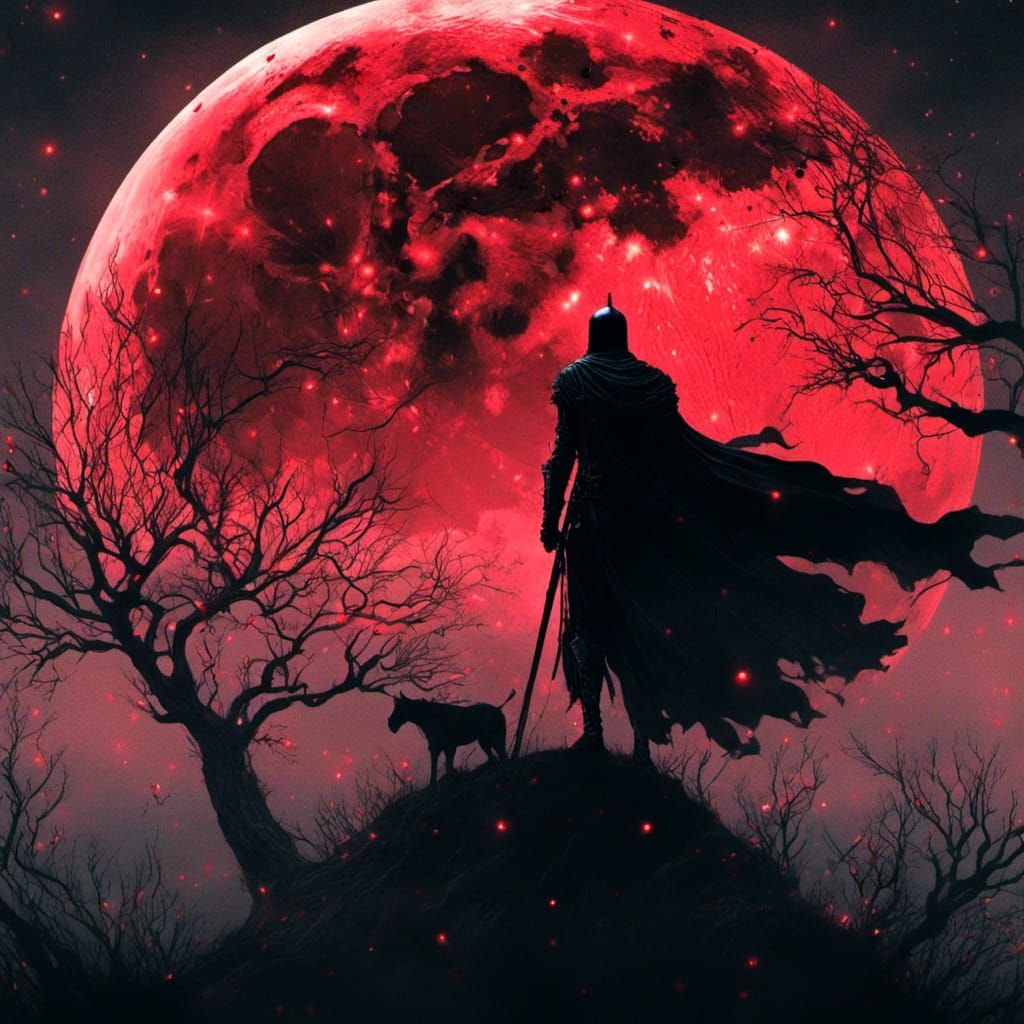 Ethereal Knight Silhouette with Red Moon Portal