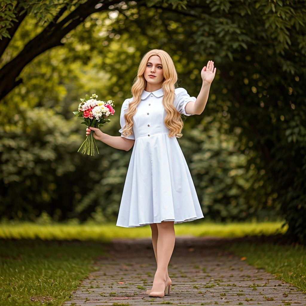 Young Man in Dress with Flowers Curtsies in Garden