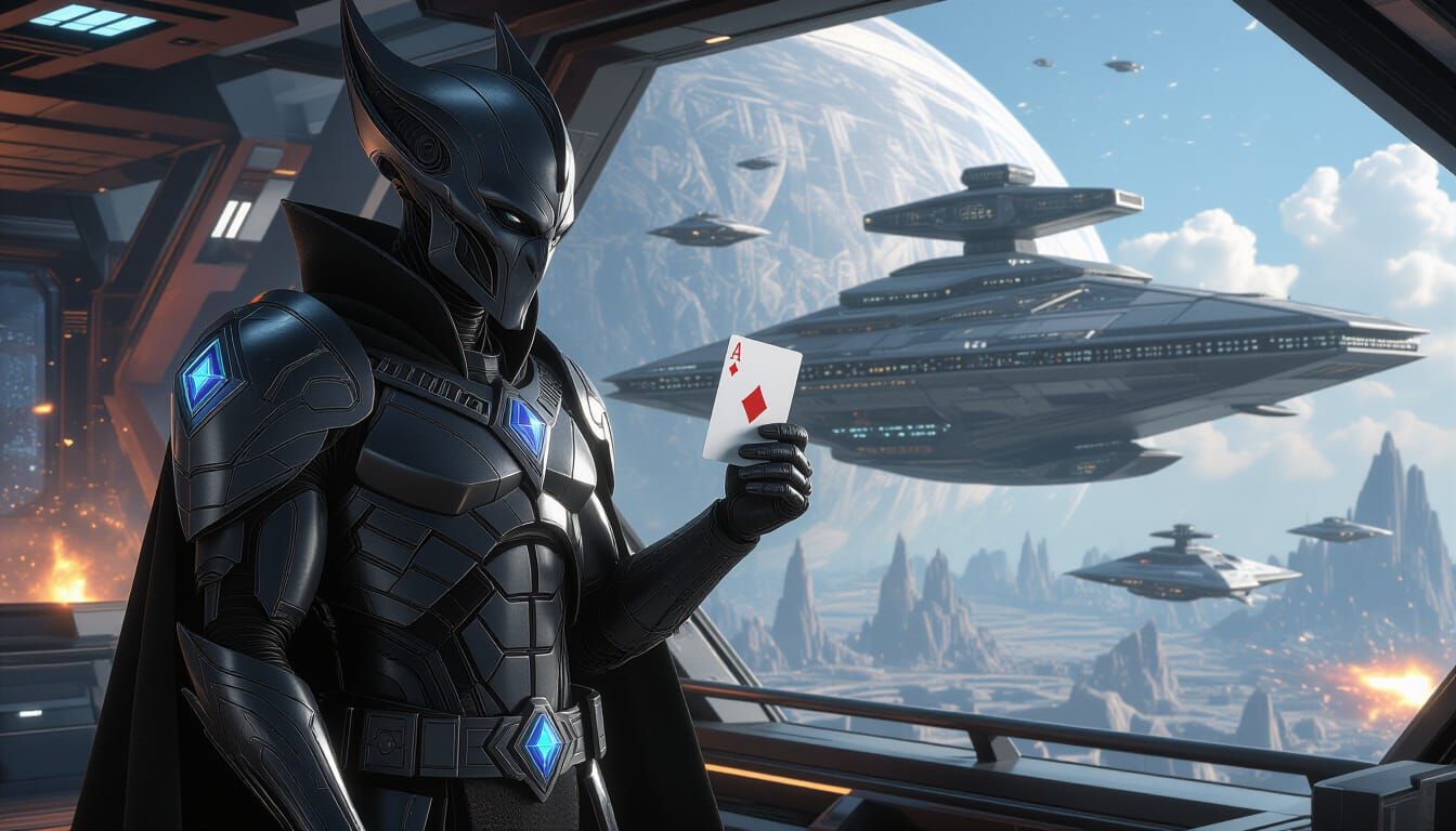 Alien Warlord on Starship Bridge During Space Battle