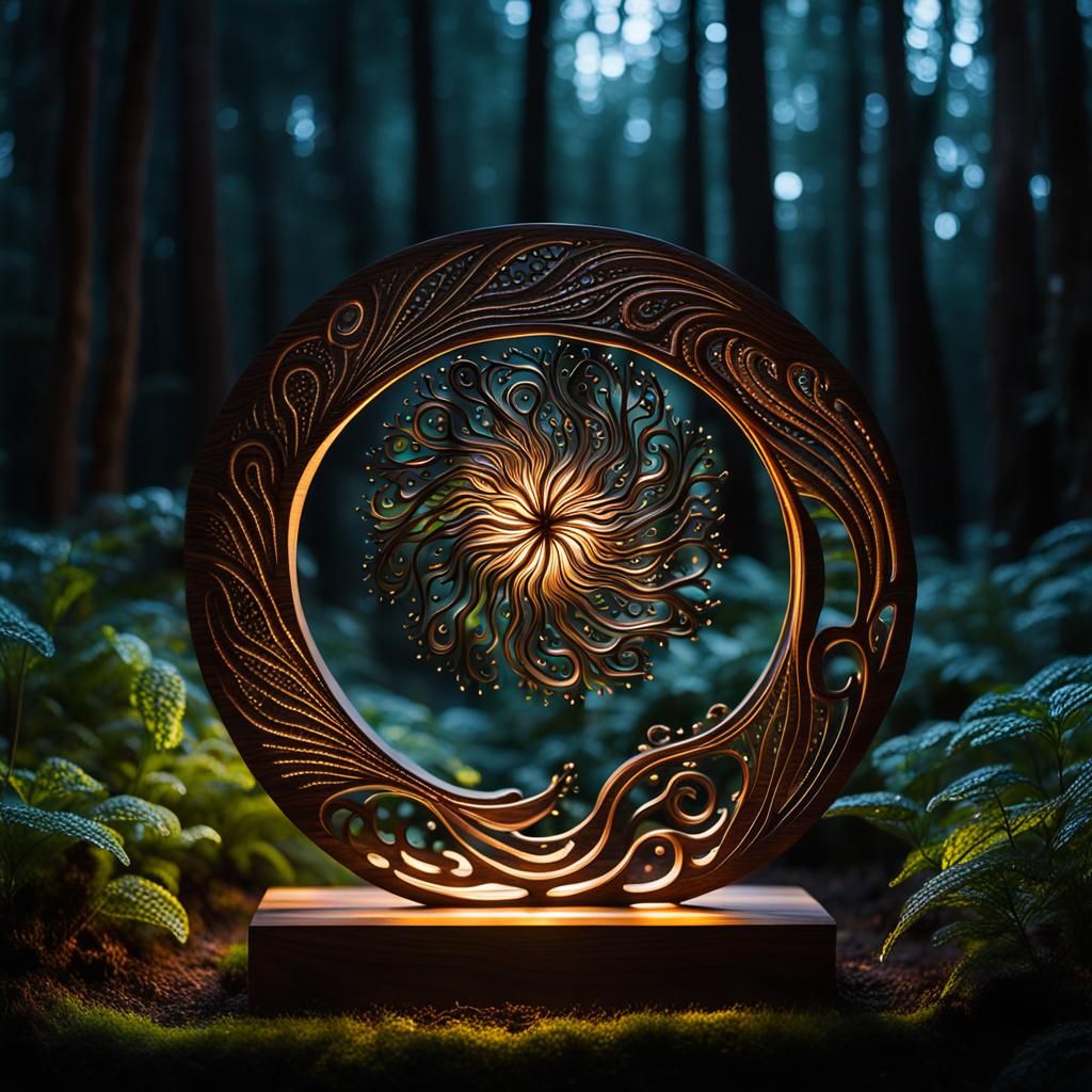 Glowing Cosmic Wooden Sculpture in Lush Garden