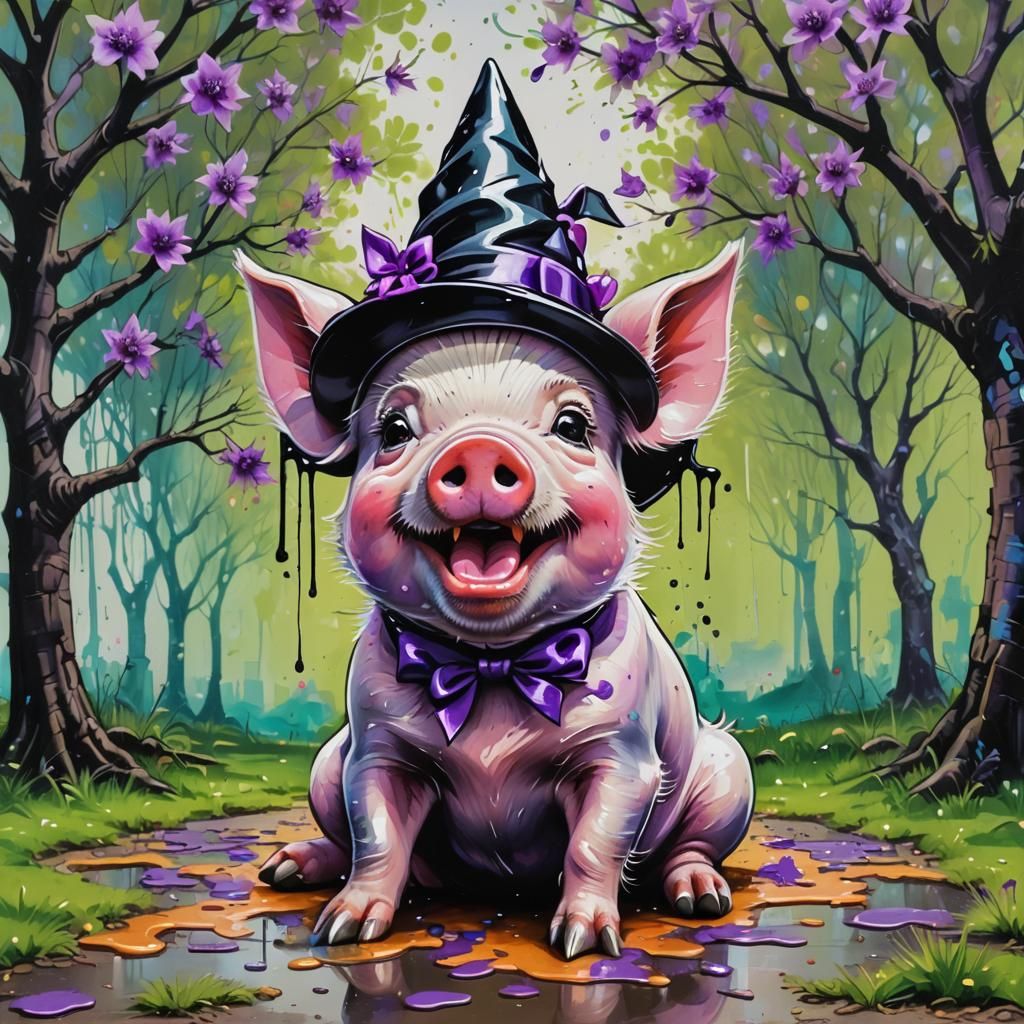 Playful Pig in Witch Hat, Graffiti Art Style