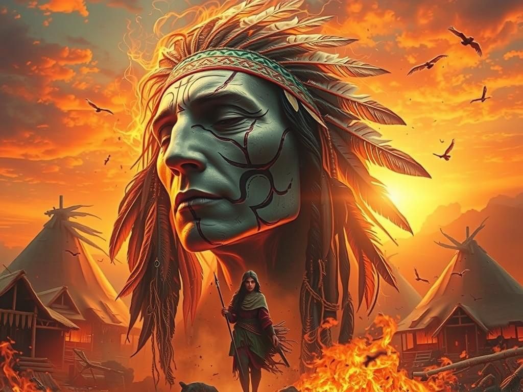 Ethereal Native American Warrior in Fiery Turmoil