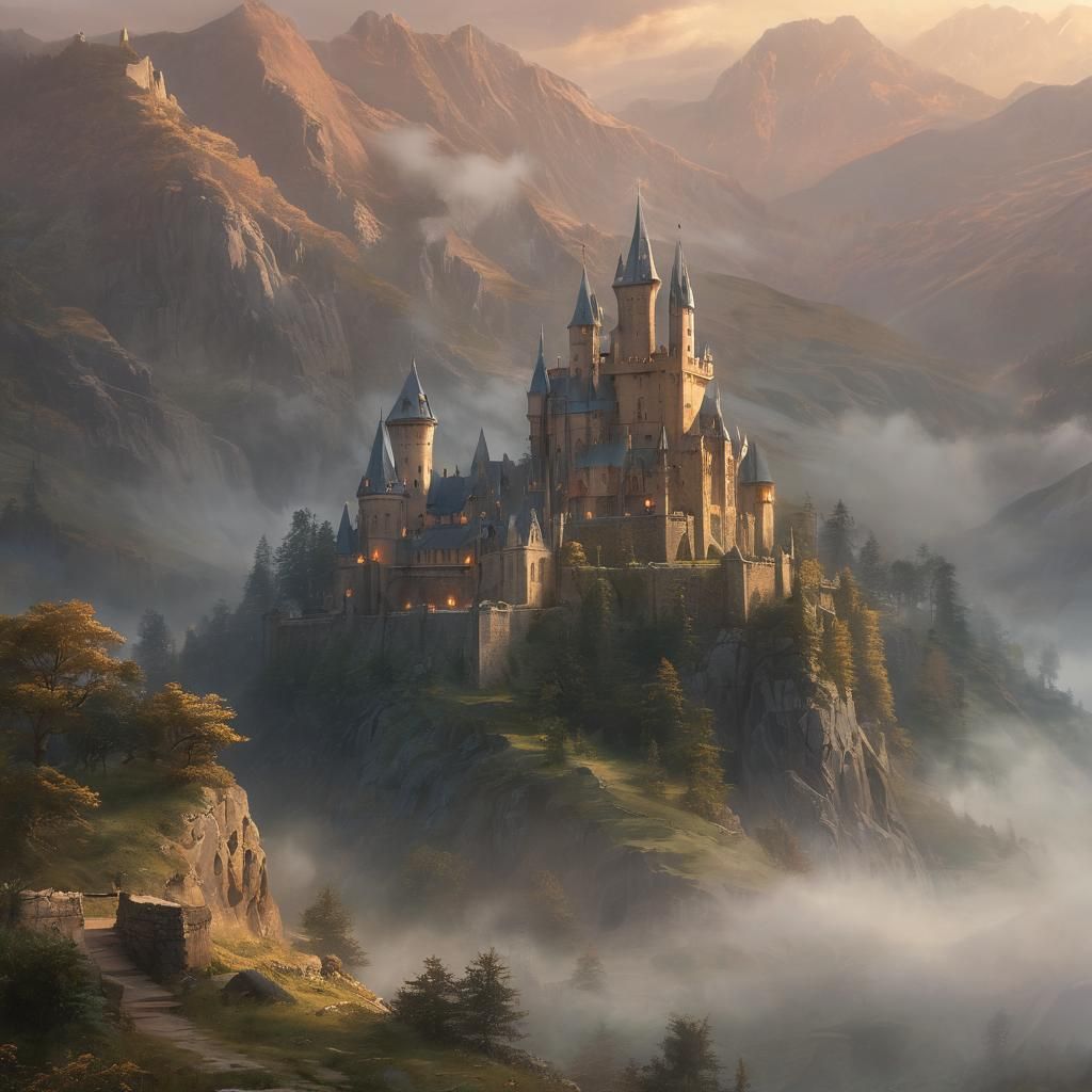 Majestic Castle in Romantic Landscape, Pre-Raphaelite Style