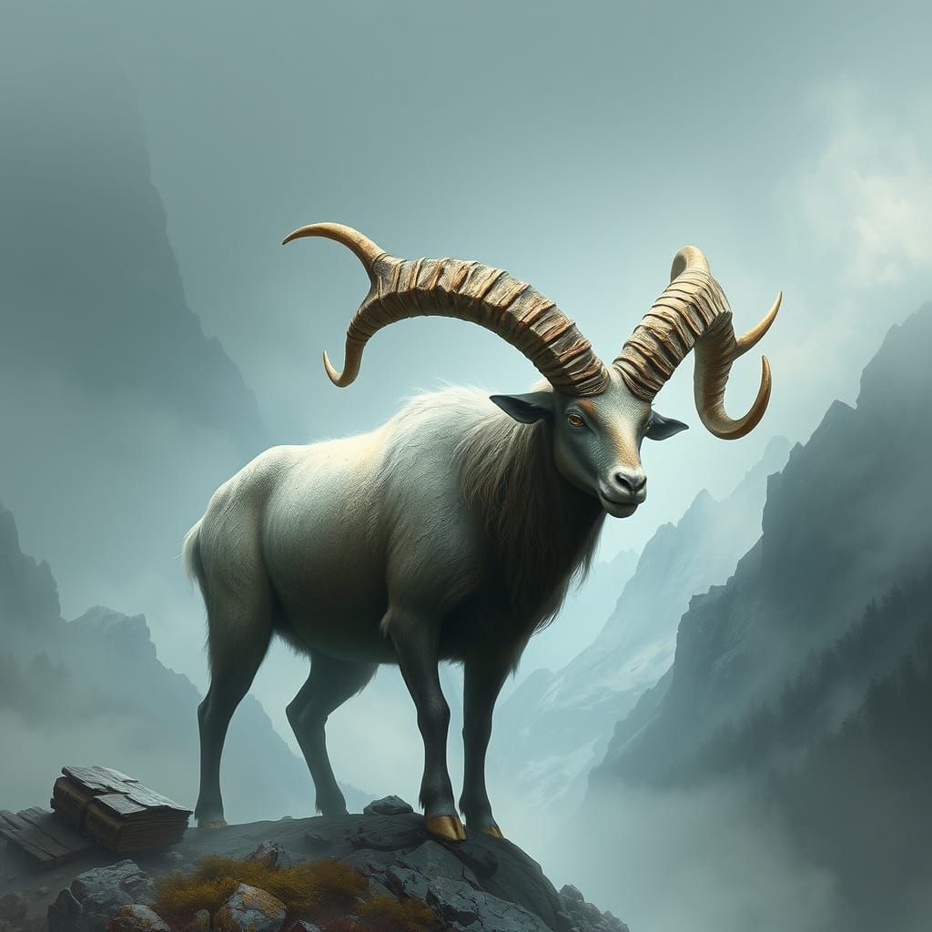 Mythical Ram with Kirin Horns in Misty Mountains