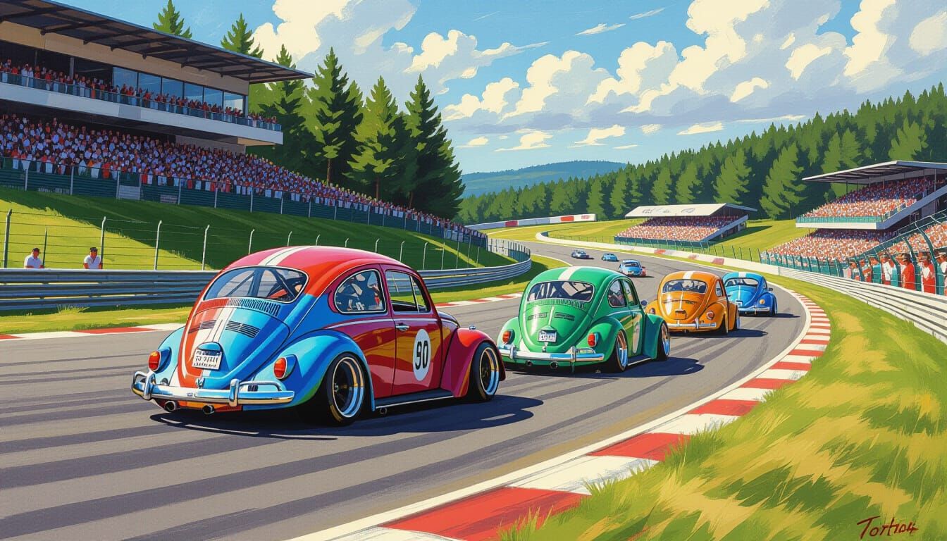 Volkswagen Beetles Race at Spa in Neo-Impressionist Style