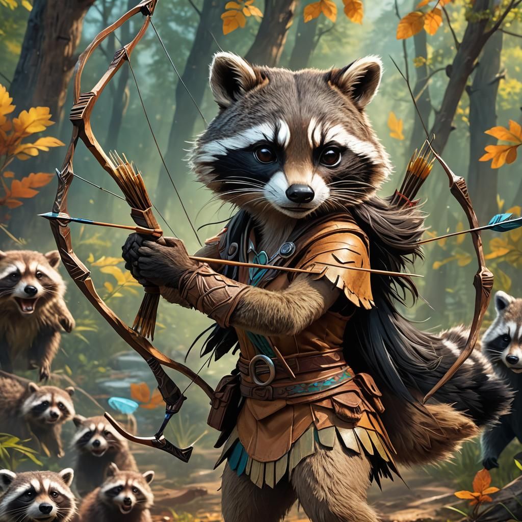 Raccoon as Pocahontas Hunting in Wild West