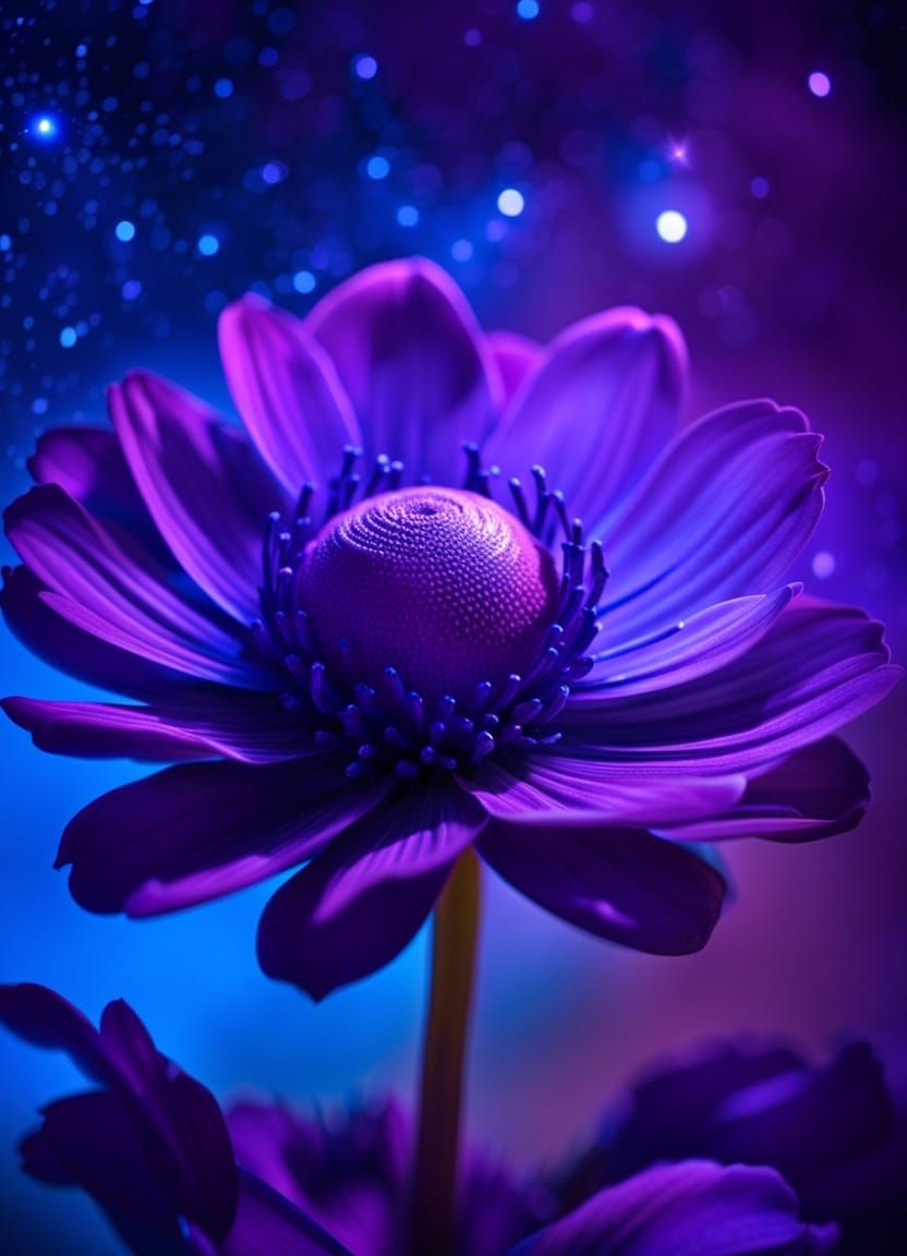 Looking  a flower into a blue and purple galaxy