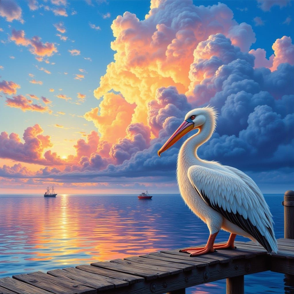 Ethereal Pelican Under Mammatus Clouds in Alcohol Ink Style