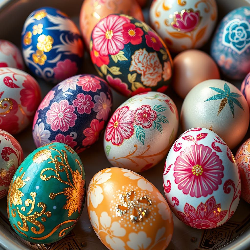 Whimsical Eggs with Mismatched Iridescent Patterns in Soft L...