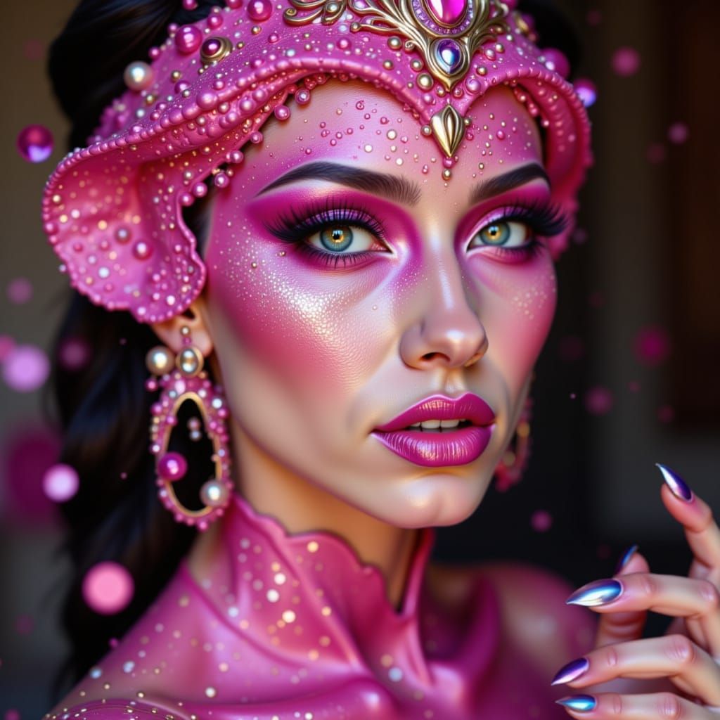 Amphibious Queen in Pink Scales and Glitter Makeup