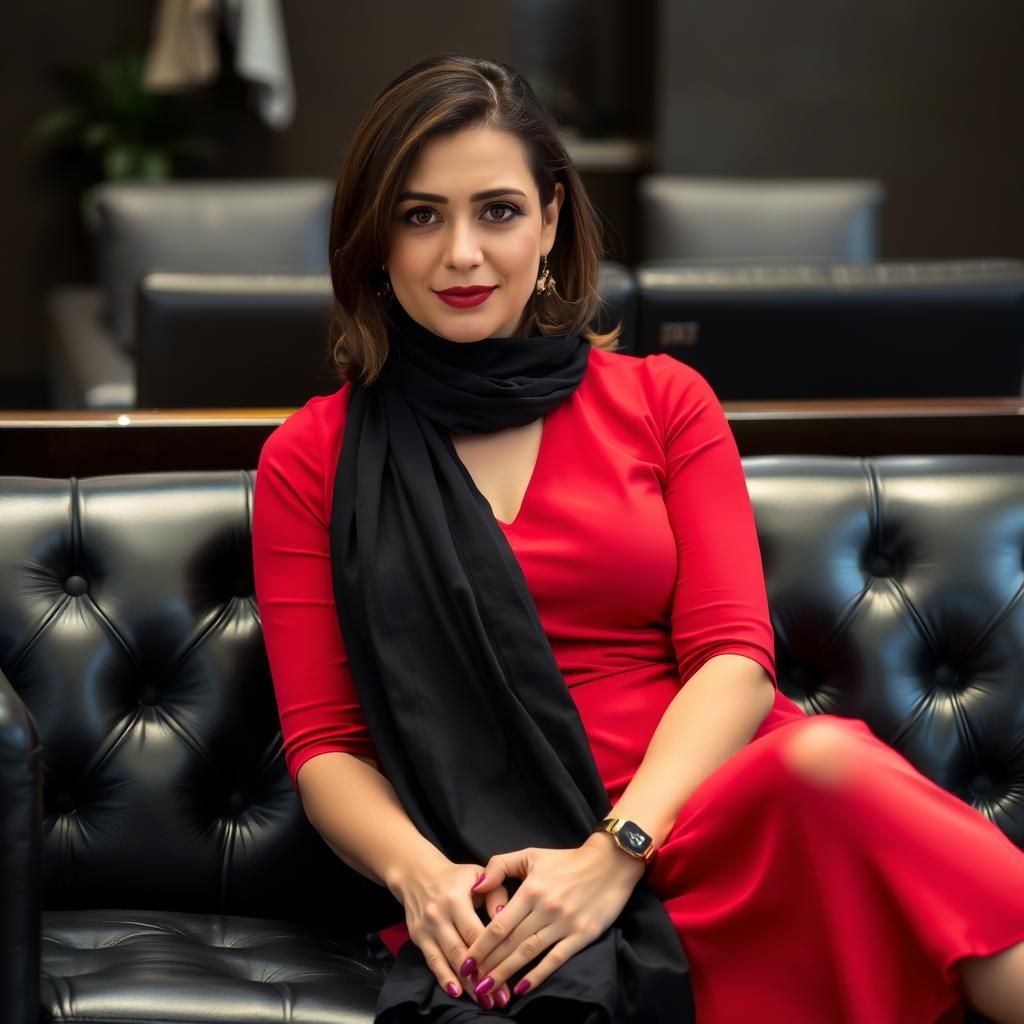 Woman in Red Dress on Black Leather Couch