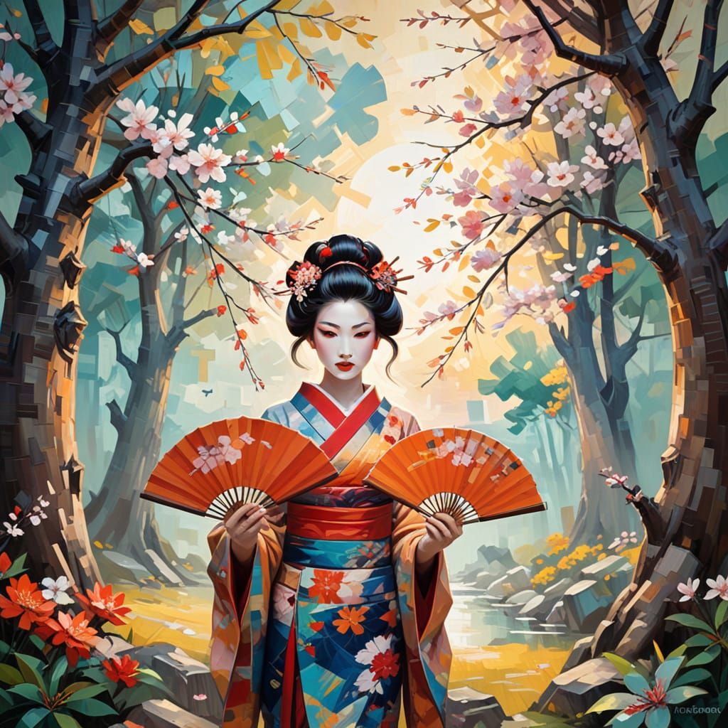 Geisha Under Blossom Tree at Sunset in Cubist Style