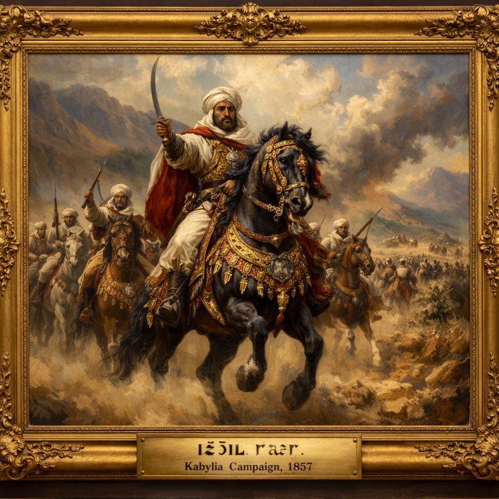 Amazigh Warrior Izil Gwer Leads Cavalry Charge in 1857 Oil P...