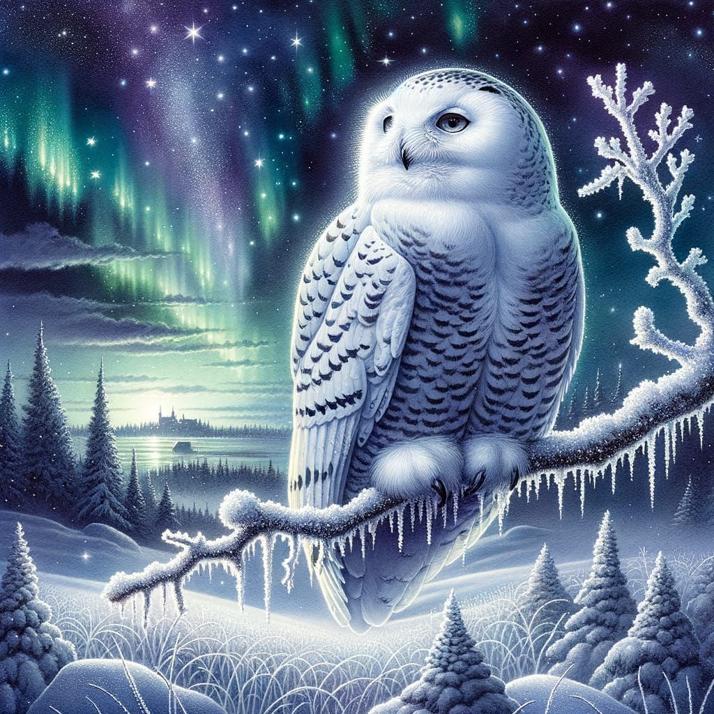 Majestic Snowy Owl in Enchanted Winter Night Landscape
