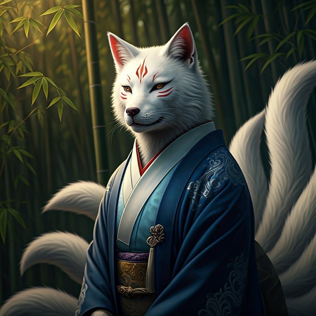 Regal White Kitsune in Elegant Kimono, Bamboo Forest