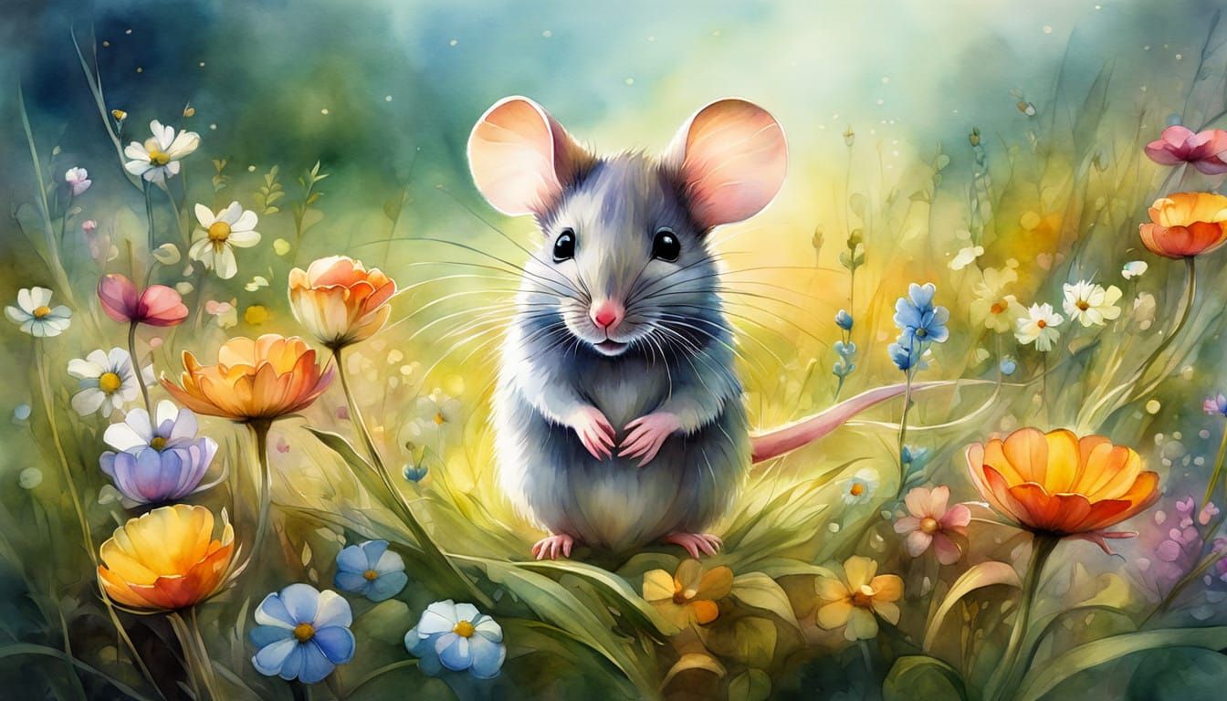 Whimsical Mouse in a Vibrant Fantasy Meadow