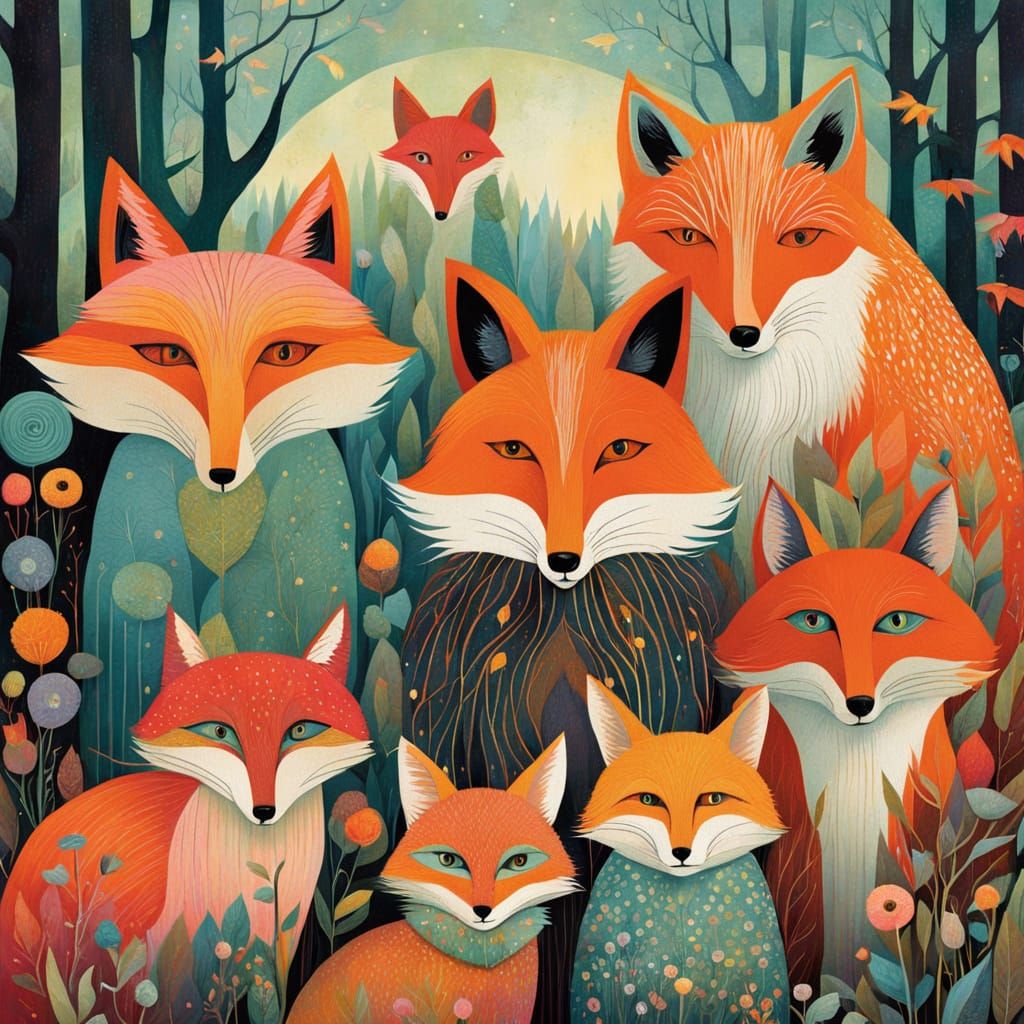 Charming Fox Family in Pastel Folk Art Style