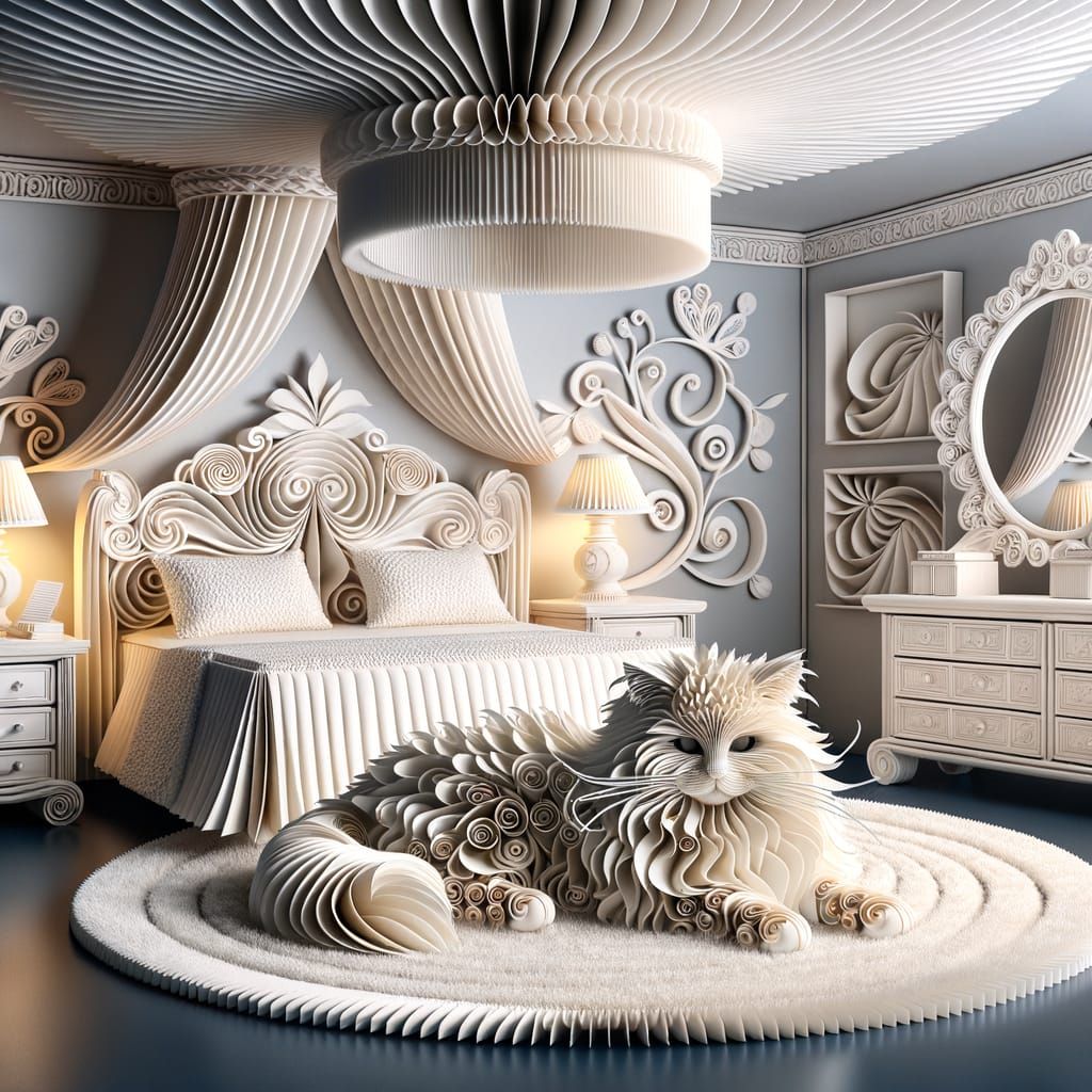 Paper Ragdoll Cat on Paper Bed in 4D Rendering