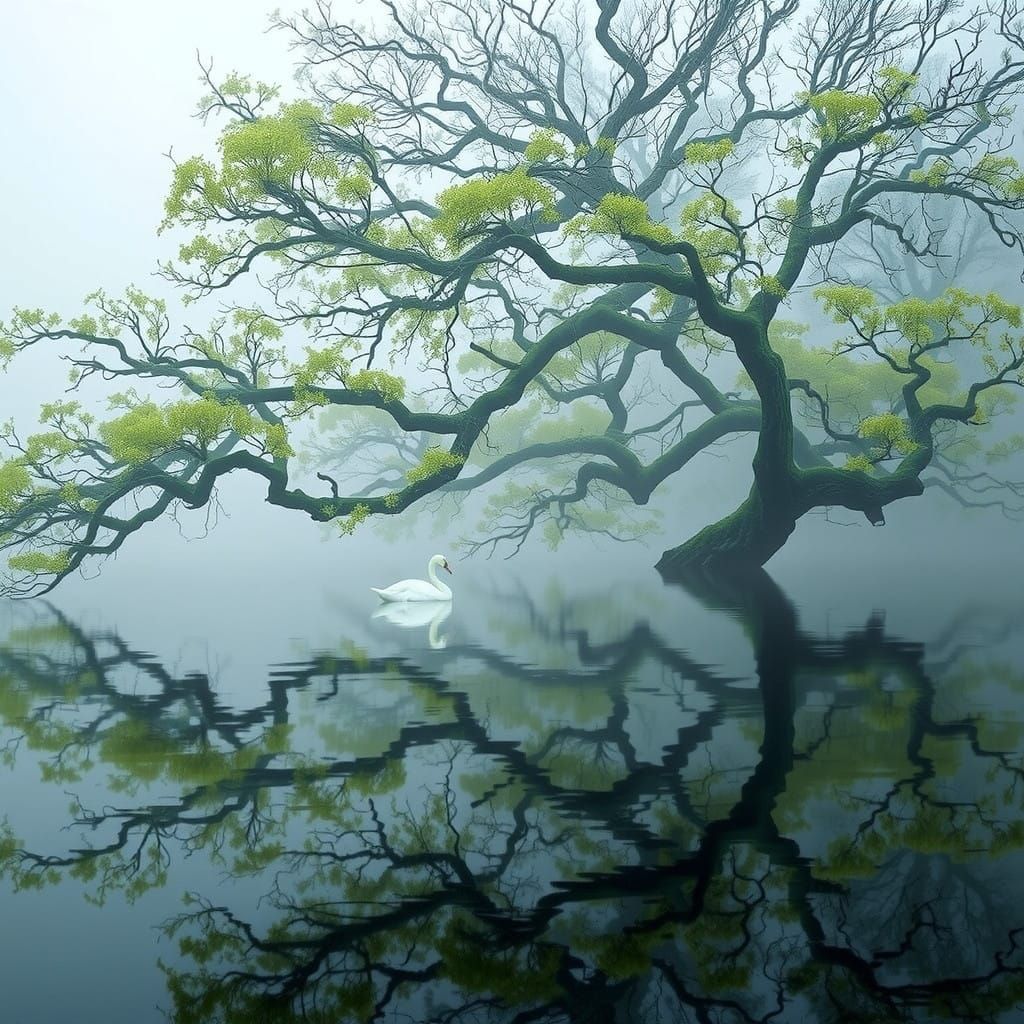Serene White Swan on Misty Lake