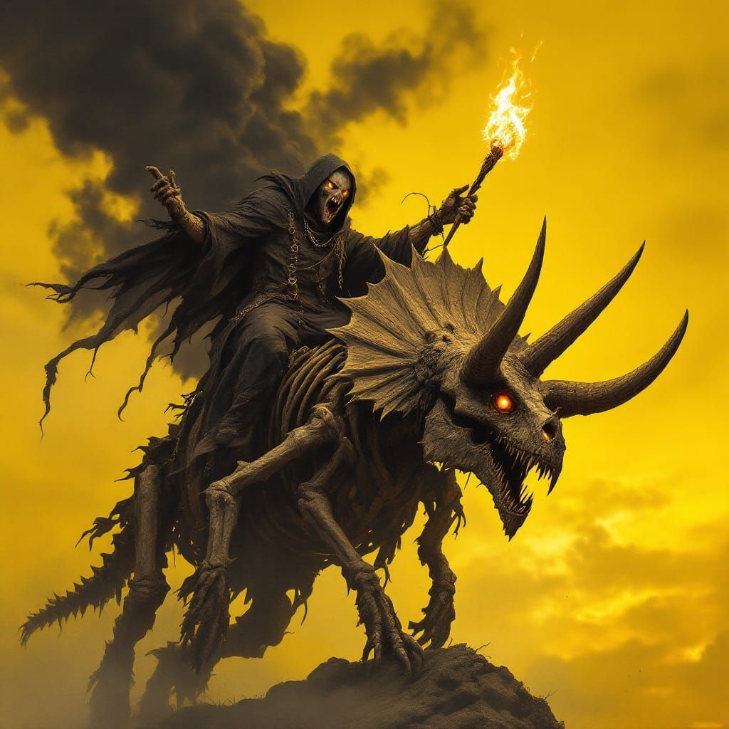 Cyberpunk Werewolf Rides Hyper-Real Triceratops in Dark, Vib...