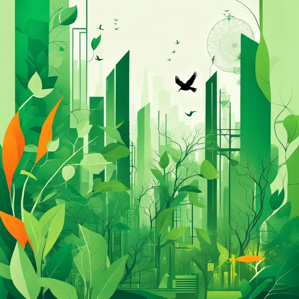 Lush Green Future City with Bird: Abstract Art