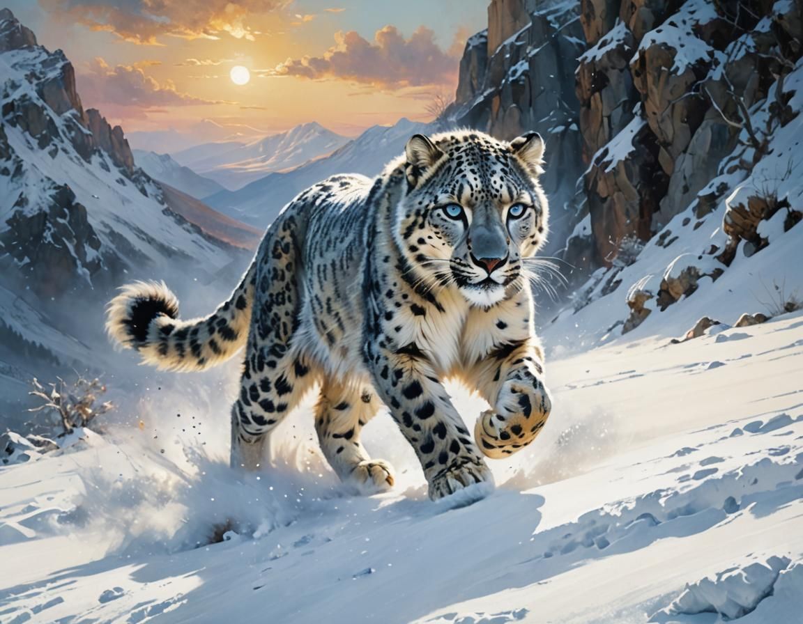 Snow Leopard in Mountain Sunset: Digital Matte Painting