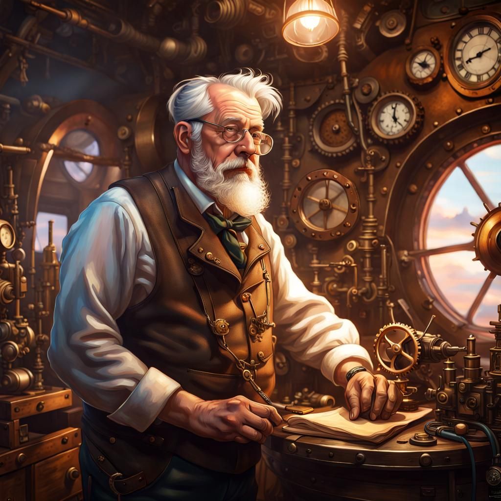 Steampunk Artificer in Workshop with Airship