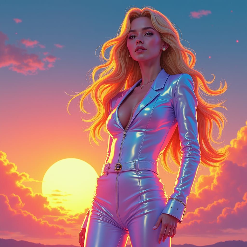 Retro Futurism Landscape with Holographic Woman