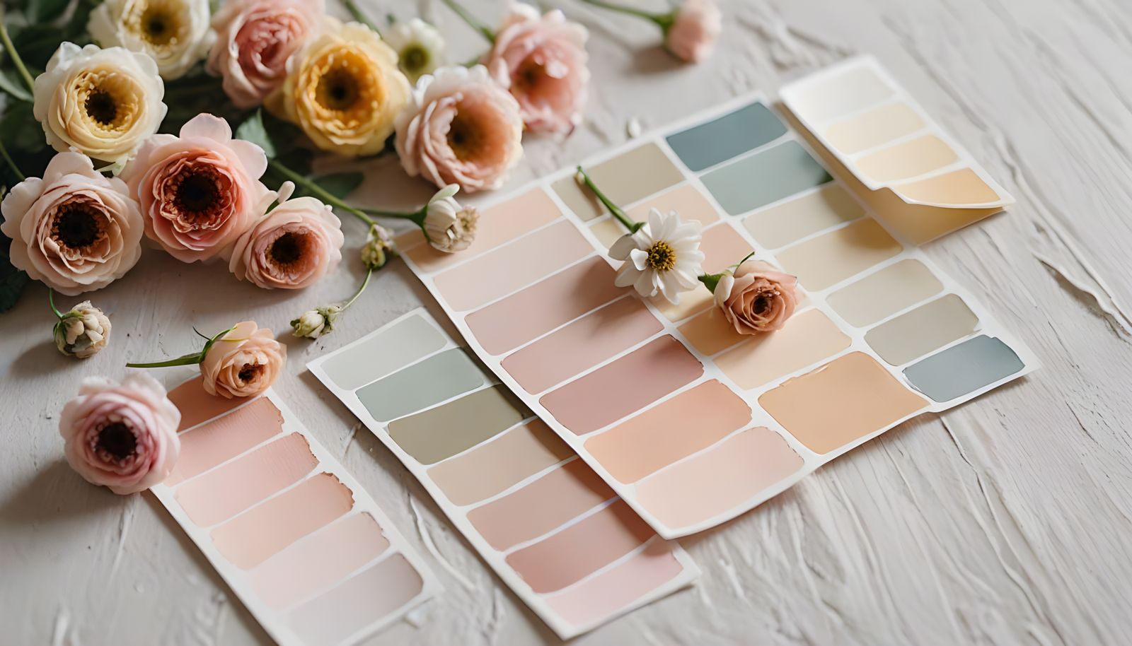 Pastel Paint Swatches and Delicate Flowers Flatlay
