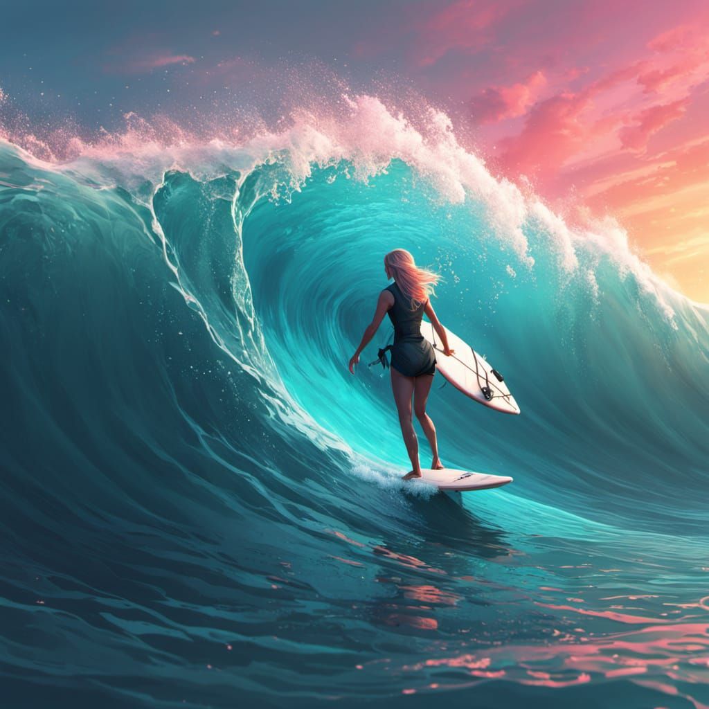 Vibrant Beach Goddess in Watercolor Surfing Style